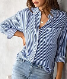 economico -Per donna Camicia Blusa A strisce Essenziale Informale Manica lunga Colletto Top regolari Giornaliero Bottoni Stampa Rosa Blu Viola Grigio Estate Primavera