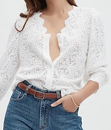 economico -Top in pizzo elegante bianco da donna blusa all'uncinetto casual colore solido top regolari maniche lunghe scollo a V patchwork in pizzo vestibilità regolare abbigliamento quotidiano romantico top