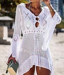 abordables -Robes de plage femme couvrant maillots de bain Taille haute Slim Vêtements de plage de vacances Couleur unie Col en V à manches longues