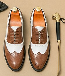 levne -Pánské dvoubarevné oxfordské brogue boty s wingtipem v hnědé a bílé barvě, z pravé kůže, vintage společenské boty inspirované Gatsbym z 20. let 20. století na svatbu, jazzovou párty a formální události.