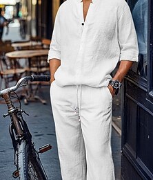 baratos -Homens 2 Peças Conjunto de camisa Conjuntos correspondentes Camisa casual Tecido Rua Diário Preto Branco Cinzento Escuro Azul Claro Manga Longa Colarinho Clerical Primavera Verão Roupa Bolso frontal