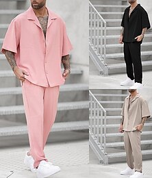 levne -Pánské 2 kusy Sada košile Letní sada Košile pro volný čas Košile na knoflíky Černá Světlá růžová Khaki Poloviční rukáv Bez vzoru Límeček Dovolená Denní Oblečení Módní Na běžné nošení Pohodlné