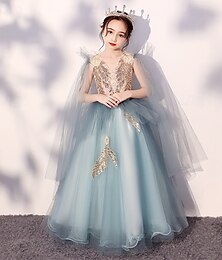 billiga -Brudnäbbsklänning Barn Flickor Prinsessaklänning Prestanda Bröllop Fest Elegant Skön Paljetter Nät Ensfärgat Ärmlös Rund hals Blå 4 år +