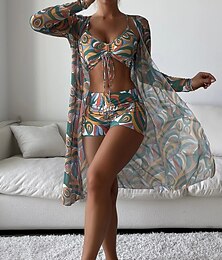 abordables -Femme Maillots de Bain Bikinis Trois pièces Jambe de garçon Maillot de bain Dos Nu Mince Vacances Tenues de plage Bloc de couleur Dos nu Sans Manches manche longue Maillots de bain