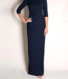 preiswerte -Schlauch/Spalte Brautmutter Kleid Elegantes Vintage Minimalist Schmuck-Ausschnitt bodenlang Stretchstoff Leinen-Baumwoll-Mischung halber Ärmel mit Drapierung einfarbig