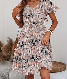ieftine -Pentru femei Rochie Mini Rochie casual Rochie A line Rochie Boho Epocă Stilat Casual Vacanță Zilnic Fit regulat Imprimeu Paisley Manșon scurt În V Negru Roșu Vin Primăvară Toamnă