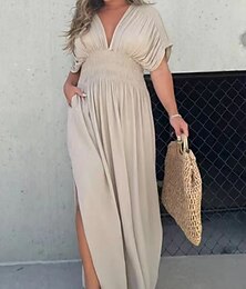 abordables -Femmes Robe maxi Robes inspirées du lin Robe Décontractée Robe unie Occasionnel Sport & Loisir Rue Coupe régulière Uni Demi Manches Col en V Vin Orange Abricot Été Printemps Automne