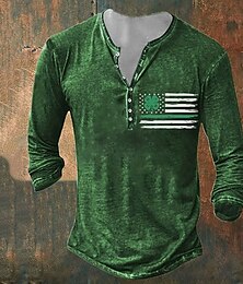 preiswerte -Herren St. Patrick Kleeblatt Amerikanische Flagge Henley Hemd T-Shirt Langarmshirt Langarm 3D-Druck Mode Designer Basic Urlaub St.Patrick's Day Straße Frühling & Herbst Schwarz Dunkelgrün Grün Grau
