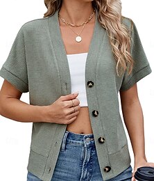 abordables -Femme Pull Chandail Gilet Cardigan Décontractées Flexible Couleur monochrome A côtes Col V Boutons Tricoté Manches courtes Hauts réguliers Tricoter Extérieur du quotidien Fin de semaine Noir Vert Eté
