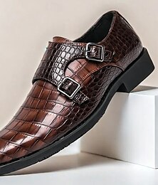 levne -pánské hnědé boty na pásek mnich z umělé kůže s krokodýlím vzorem – elegantní společenské boty pro podnikání, svatby a speciální příležitosti