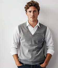 abordables -Chaleco de lana para hombre, punto acanalado, cuello en V, color liso, tejido de punto, ropa formal diaria para exteriores, primavera, otoño, negro, azul marino, tallas S, M, L