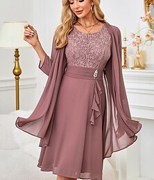 economico -Per donna Set di vestiti Abito da ospite di nozze Abito in pizzo bianco con maniche Pizzo Con balze Manica a 3/4 Invitati del matrimonio Cocktail party Grigio rosa
