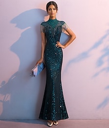 abordables -Robe de soirée sirène  trompette Robe vintage formelle bal Longueur sol sans manches Sans bretelles Sequins avec franges en paillettes