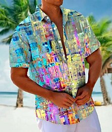 economico -Per uomo Ambra Geometrico Maglietta informale Camicia con bottoni Camicia Aloha Manica corta Hawaiano Ricorrere Da mare Informale Estate Primavera Collo ripiegabile Abbottonare Blu