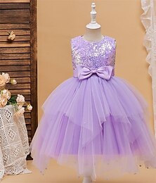 billiga -Brudnäbbsklänning Barn Flickor Prinsessaklänning Prestanda Bröllop Fest Elegant Skön Paljetter Nät Ensfärgat Ärmlös Rund hals Champagne Rodnande Rosa 4 år +