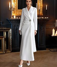 preiswerte -Blazer Kleid A-Linie Abendkleid Elegantes Kleid Smoking Kleid Formell Hochzeitsgast Bodenlang Lange Ärmel V-Ausschnitt Satin mit Strassstein 2025