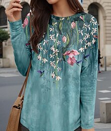 economico -Per donna Maglietta Floreale Casual Manica Lunga Girocollo Top lunghi Quotidiano Stampato Blu Autunno Inverno