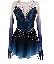 preiswerte -Eiskunstlaufkleid Damen Mädchen Eislaufen Kleid Blau Patchwork Netzstoff Spandex Hohe Elastizität Training Wettbewerb Eiskunstlaufkleidung Klassisch Kristall / Strass Langarm Eislaufen Eiskundstlauf