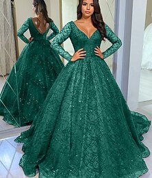 abordables -Robe de bal trapèze vintage, robe formelle, mascarade, longueur au sol, manches longues, col en V, tulle avec paillettes, 2025
