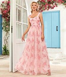 economico -Abiti da Sposa A-Line Eleganti Abito da Festa Compleanno Lunghezza Piena Senzamaniche Spaghetti Strap Abito Rosa Chiffon Scollo Dritto con Stampa Floreale Arricciata