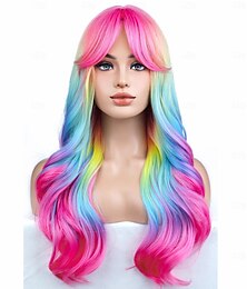 baratos -perucas ombre arco-íris peruca longa ondulada para mulheres com franja fantasia ombre colorida perucas de cabelo sintético encaracolado resistente ao calor para carnaval