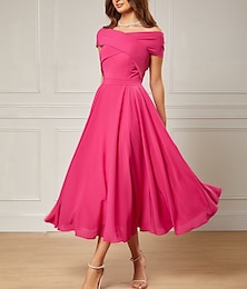 economico -Abiti da Cocktail A-Line Matrimonio in Spiaggia Abito Elegante Formale Lunghezza Tea Senza Maniche Spalle Scoperte Matrimonio d'Autunno Ospite di Matrimonio Chiffon Elasticizzato con Arricciature