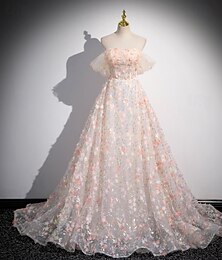 economico -Abiti da ballo A-Line abito vintage formale lunghezza fino al pavimento maniche corte senza spalline tulle con glitter applicazioni floreali