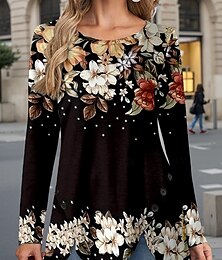economico -Per donna maglietta Floreale Informale Manica lunga Girocollo Top regolari Giornaliero Bottoni Stampa Asimmetrico Nero Rosso Primavera & Autunno