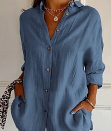 preiswerte -Damen Hemd Hemden in Leinenoptik Knopfleiste Bluse Knöpfe Einfarbig Basic Lässig Langarm Hemdkragen Normale Oberteile Täglich Blau Weiß Rosa Frühling Herbst