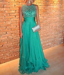 economico -Abito da sera A-Line elegante abito formale per ospiti di matrimonio strascico/pennello senza maniche scollo gioiello in chiffon con strass 2025