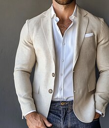 economico -Blazer casual in cotone e lino da uomo beige estate solid color blazer vestibilità standard monopetto due bottoni