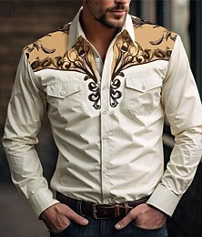 economico -Per uomo Floreale Camicia occidentale Camicie stampate Manica lunga Vintage stile western Da tutti i giorni Per uscire Fine settimana Primavera estate Collo ripiegabile Tasche Stampa Bottone giù Blu