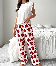 billiga -Dam Pyjamas set Ledigt Komfort Hjärta Volang Elastisk midja Linne Byxa Hem Alla hjärtans dag Dagligen Ärmlös Rund hals Svart Rodnande Rosa Rubinrött Sommar Vår Höst Normal