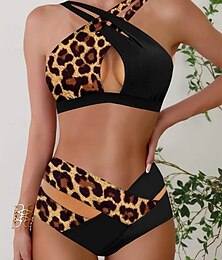 preiswerte -Damen Badeanzug Bikinis 2 Stück Unterhosen Bademode Rückenfrei Ausgeschnitten Schlank Hoch tailliert Urlaub Strandbekleidung Leopard V Ausschnitt Ärmellos Badeanzüge
