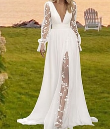 preiswerte -Brautkleider für die Strandhochzeit, A-Linie, V-Ausschnitt, lange Ärmel, Hofschleppe, Chiffon-Brautanzüge, Brautkleider mit gerüschter Drapierung 2025