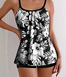 abordables -Femme Maillots de Bain Tankini 2 pièces Jambe de garçon Maillot de bain Dos Nu Taille haute Vacances Tenues de plage Floral Feuilles Col Rond Sans Manches Maillots de bain
