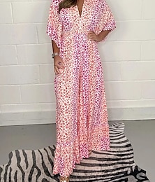 abordables -Femme Robe Maxi Robe casual Robe Évasée Robe Trapèze Décontractées du quotidien Standard Léopard Demi Manches Col V Jaune Rose Claire Vert Eté Printemps Automne