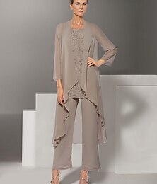 economico -Completo pantaloni 3 pezzi per Madre della Sposa Matrimonio Elegante Collo Gioiello Lunghezza Piatto Chiffon Manica Lunga Inclusa Giacca con Pizzo Colore Solido