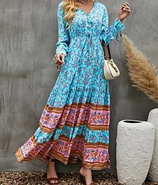 ieftine -Pentru femei Rochie Maxi Rochie casual Rochie leagăn Rochie Boho cu maneca lunga Rochie A line Boemia Casual Vacanță Zilnic Fit regulat Floral Manșon Lung În V Galben Roz Îmbujorat Albastru piscină