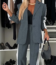 economico -Per donna Elegante Giacca Pantaloni Manica lunga Colletto A strisce Collage Formale Ufficio Attività commerciale Bianco Blu Grigio Primavera & Autunno Standard