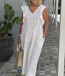 economico -Per donna Abito maxi Abiti ispirati al lino Vestito Casual Vestito Canotta Elegante Essenziale Casual Vacanza Quotidiano Vestibilità regolare Semplice Senza Maniche Scollo a V Bianco Blu marino