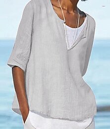 economico -Per donna Camicia Blusa Camicie di cotone e lino Tinta unica Essenziale Casual Manica 3/4 Girocollo Top Regolari Quotidiano Patchwork Blu Grigio Autunno Inverno