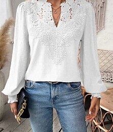 economico -Per donna Camicia Blusa Tinta unica Essenziale Informale Manica lunga A V Top regolari Giornaliero Per uscire Pizzo Collage Marrone rossastro Bianco Verde Primavera Autunno Inverno
