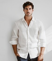 abordables -Hombre Camisa Blanco Azul claro Manga Larga Color sólido Cuello Camisero Escuela Formal Botones Ropa Elegante Vacaciones Vintage Tropical