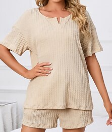 billige -Dame Pyjamas lounge 2 deler Fritid Ren farge Lapper T skjorte Shorts Hjem Kortermet V-hals Svart Rosa Beige Sommer Skreddersydd