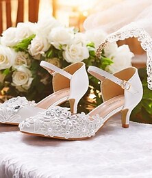 voordelige -Dames bruiloft Schoenen Valentijnscadeaus Buiten Feest Club Bruidsschoenen Bruidsmeisje Schoenen Kant Bloem Kleine hak Ronde Teen Elegant Imitatieleer Rits Wit