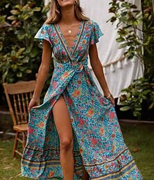 economico -Per donna Vestito maxi Abito casual Abito linea A Abito boho Boemia Vintage Informale Da mare Giornaliero Standard Floreale Manica corta A V Nero Rosso Blu Primavera Autunno