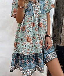 levne -Dámské Mini šaty Volnočasové šaty Boho Chic šaty Boho šaty Čechy Geleneksel Na běžné nošení Dovolená Denní Plážové Volný Květinový Krátký rukáv Do V Rubínově červená Trávová zelená Léto Jaro