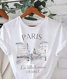 abordables -Mujer Camiseta Letra Casual Manga Corta Escote Redondo Tops regulares Diario Estampado Blanco Verano