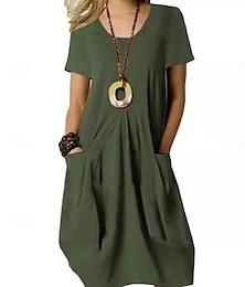 economico -Per donna Mini Abito Abiti in cotone e lino Vestito Casual Elegante Essenziale Casual Vacanza Quotidiano Vestibilità regolare Semplice Manica Corta Scollo a V Nero Cachi Verde militare Estate